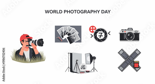 Vector illustrations of a photographer DSLR cameras film strips SD card and studio lighting equipment