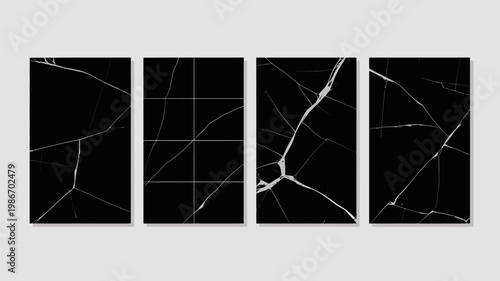 A modern art installation features four square panels with stark white crack like lines contrasting against black backgrounds high quality professional detailed elegant stylish clean crisp