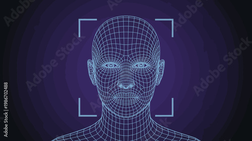 A digital rendering displays a wireframe human head focusing on facial recognition technology with glowing blue eyes high quality professional detailed modern elegant stylish clean crisp