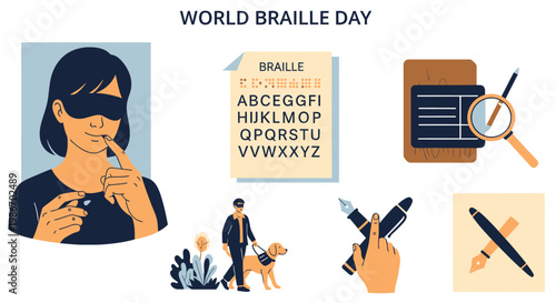 World Braille Day illustrations featuring a blind person guide dog Braille alphabet and writing tools
