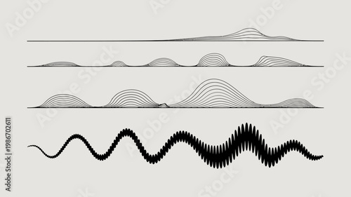 Abstract illustration depicting four horizontal lines with varying degrees of wave like patterns progressing from smooth to complex high quality professional detailed modern elegant stylish clean