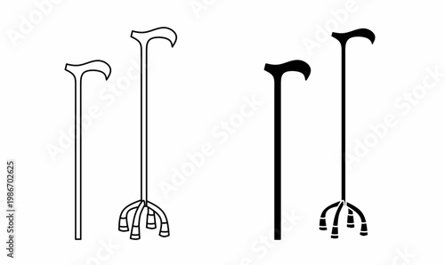 walking stick also known as a walking cane, cane, walking staff, or staff. icon set in outline and silhouette