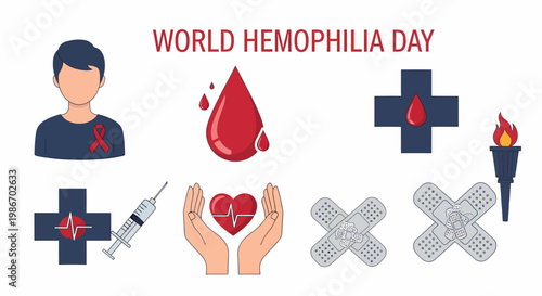 World Hemophilia Day vector illustrations with blood drops medical crosses syringe and heart icons