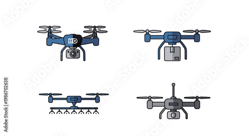 Professional Drones and Quadcopters Set with Camera, Delivery Box and Agriculture Spraying Equipment, Modern Aerial Technology Vector Icons