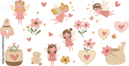 Whimsical illustration of girls flowers and hearts in pastel colors for valentine s day or spring