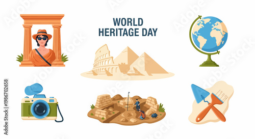 World Heritage Day graphic with historical landmarks archaeological site globe camera and restoration tools