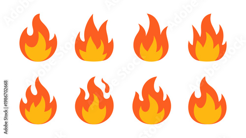 A collection of eight stylized flame illustrations is displayed against a stark white background showcasing varying shapes and intensities high quality professional detailed modern elegant stylish
