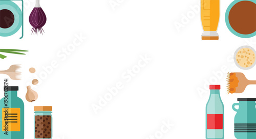 A flat vector illustration features various cooking ingredients and kitchen tools arranged around a clean white central space.