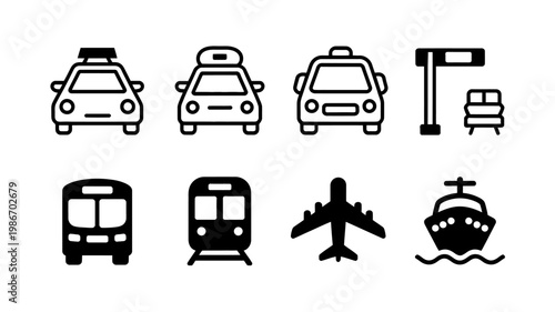 A collection of simplistic black and white icons depicting various modes of transportation including cars trains planes and boats high quality professional detailed modern elegant stylish