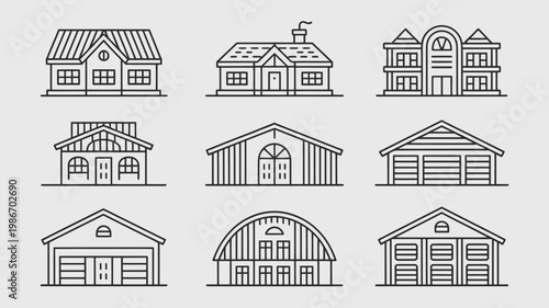 A collection of nine simple linear house and building outlines are displayed in black and white showcasing various architectural styles high quality professional detailed modern elegant