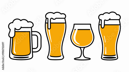 A simple illustration depicts four different types of beer glasses each filled with a golden colored beverage and frothy foam high quality professional detailed modern elegant