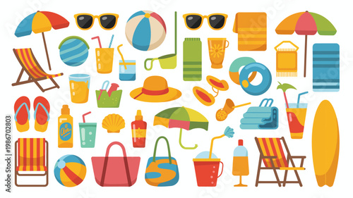 A colorful flat lay illustration depicts various summer essentials like beach umbrellas towels drinks and accessories high quality professional detailed modern elegant stylish clean crisp vibrant