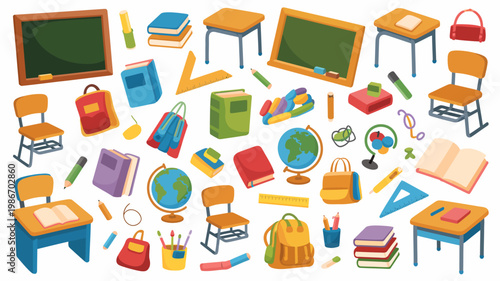 A colorful collection of school supplies and classroom furniture is arranged on a white background depicting learning and education high quality professional detailed modern elegant stylish