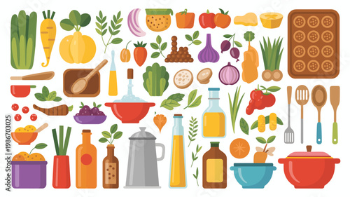 A vibrant collection of fresh produce cooking utensils and homemade ingredients are arranged in a colorful flat lay composition high quality professional detailed modern elegant stylish