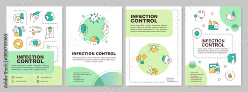 Infection control green circle brochure layout. Disease transmit. Healthy diet. Leaflet advertising design with color line icons. Editable 4 pages. Arial-Bold, Myriad Pro-Regular fonts used