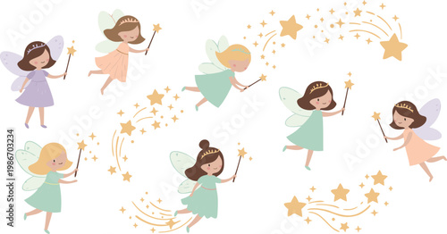 A group of six cartoon fairies in various poses with stars and sparks on a white background in pastel colors