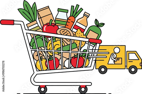 Grocery Shopping Cart Full of Food Items Delivered by Yellow Truck