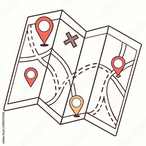 Folded paper map with multiple location pin markers and dashed travel routes