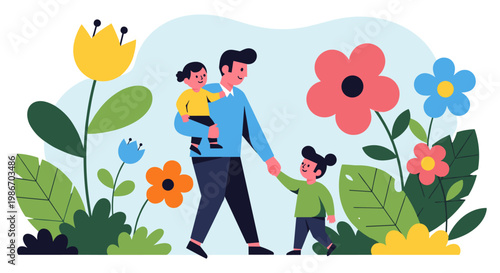 Happy family with two children walking through a vibrant garden full of flowers