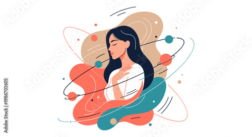 Illustration of a woman surrounded by abstract shapes and lines, digital art concept