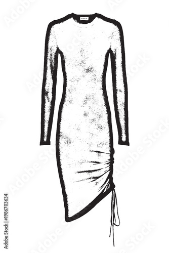 Black and White Textured Graphic Illustration of a Long Sleeve Ruched Dress
