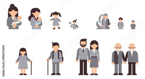 Illustrated family members in various poses and interactions, depicting different generations