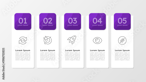 Business project presentation purple rectangle infographic 5 steps. Marketing strategy development. Product integration on market. Editable thin line icons diagram process. Lexend font used