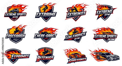 Collection of extreme sports emblems with flames and cars.