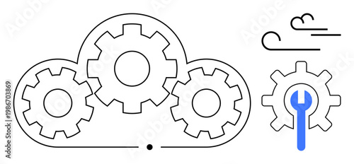 Cloud computing, system optimization, digital infrastructure, cloud maintenance, IT innovation, software management. Gears in a cloud shape with wrench and wind elements. Cloud computing and system