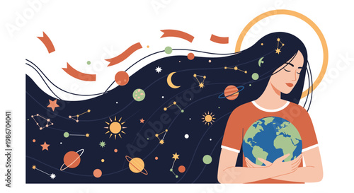 Woman holding Earth with cosmic elements and celestial bodies in her hair