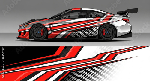 Sportscar with racing stripes and checkered flag pattern.