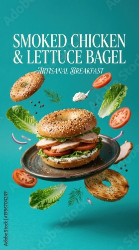 Delicious Smoked Chicken and Lettuce Bagel Breakfast Meal.