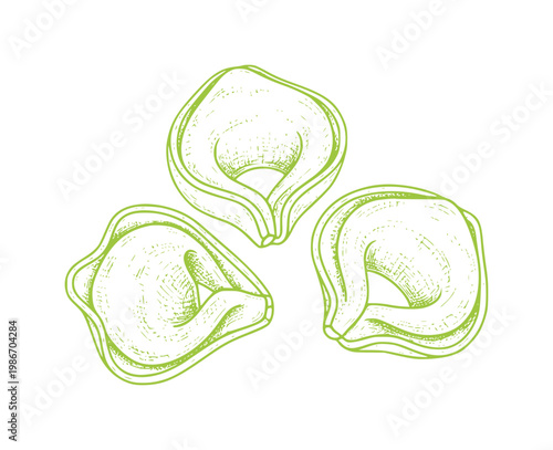 Three green tortellini pasta shapes hand drawn food italian cuisine