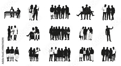 Diverse Group of People Silhouettes in Various Poses and Activities.