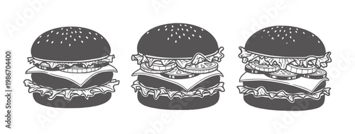 Three stylized dark gray hamburgers with lettuce cheese and tomato slices food fast