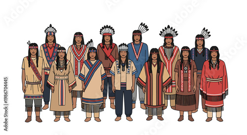 Indigenous people in traditional clothing standing together native american cultural celebration community gathering diverse ages and attire colorful headdresses and robes