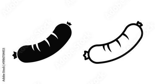 Simple black and white illustration depicting two different views of a sausage