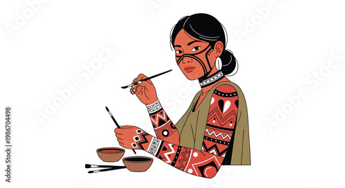 Woman painting traditional designs on pottery with brush and colorful tribal patterns
