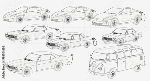 Collection of Vintage Car Line Drawings.