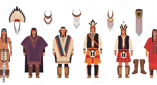 Native american men in traditional clothing and accessories headdresses jewelry and regalia cultural heritage