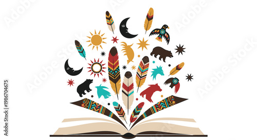 Vibrant indigenous cultural symbols emerging from open book on white background