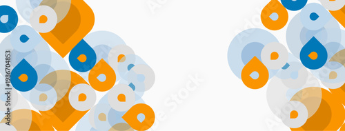 Abstract shapes, circles, squares, drops. Orange, blue, beige colors dominate design. Clean background provides contrast.
