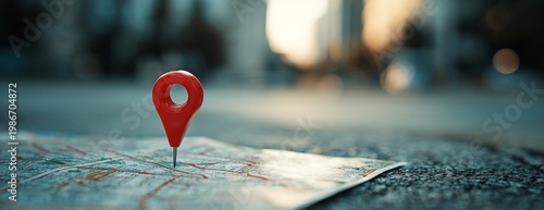 Red location pin on city map in urban environment  