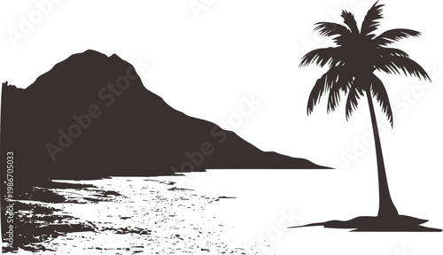 Dark Silhouette of Tropical Island Mountain Coastline with Palm Tree White Background