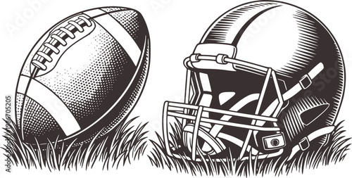 American Football Ball and Helmet Grass Vintage Style sport game