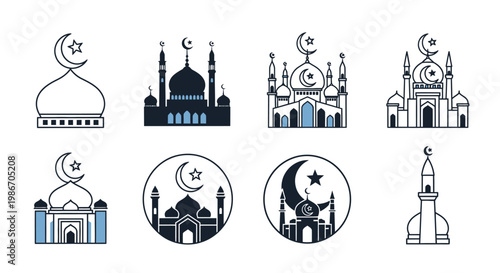 Islamic Mosque Architecture Symbol Icons.