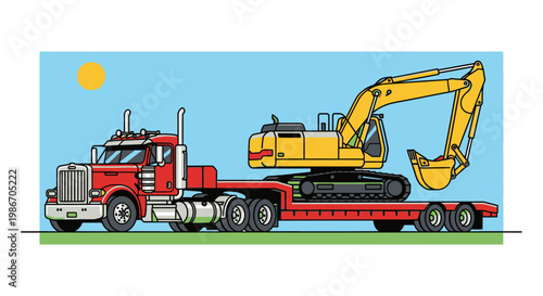 Large Red Truck Hauling Yellow Excavator.