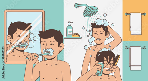 Man brushing teeth and washing face.