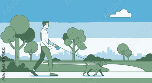 Man Walking Dog on Leash Outdoors.