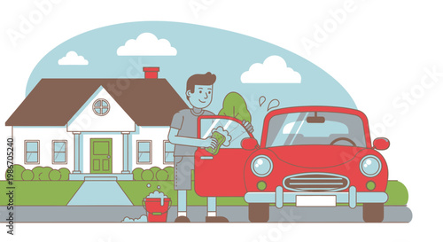 Man Washing Red Vintage Car.